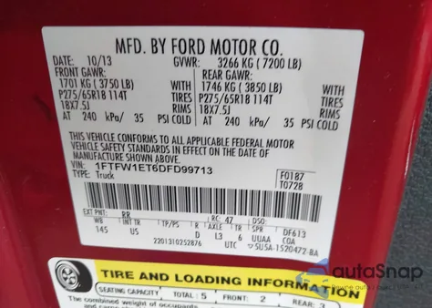 2013 Ford F-150 Xlt из США, поврежденный, VIN 1FTFW1ET6DFD99713